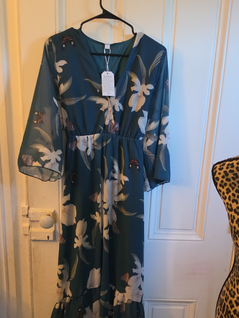 Teal Floral Maxi Dress with V-Neck